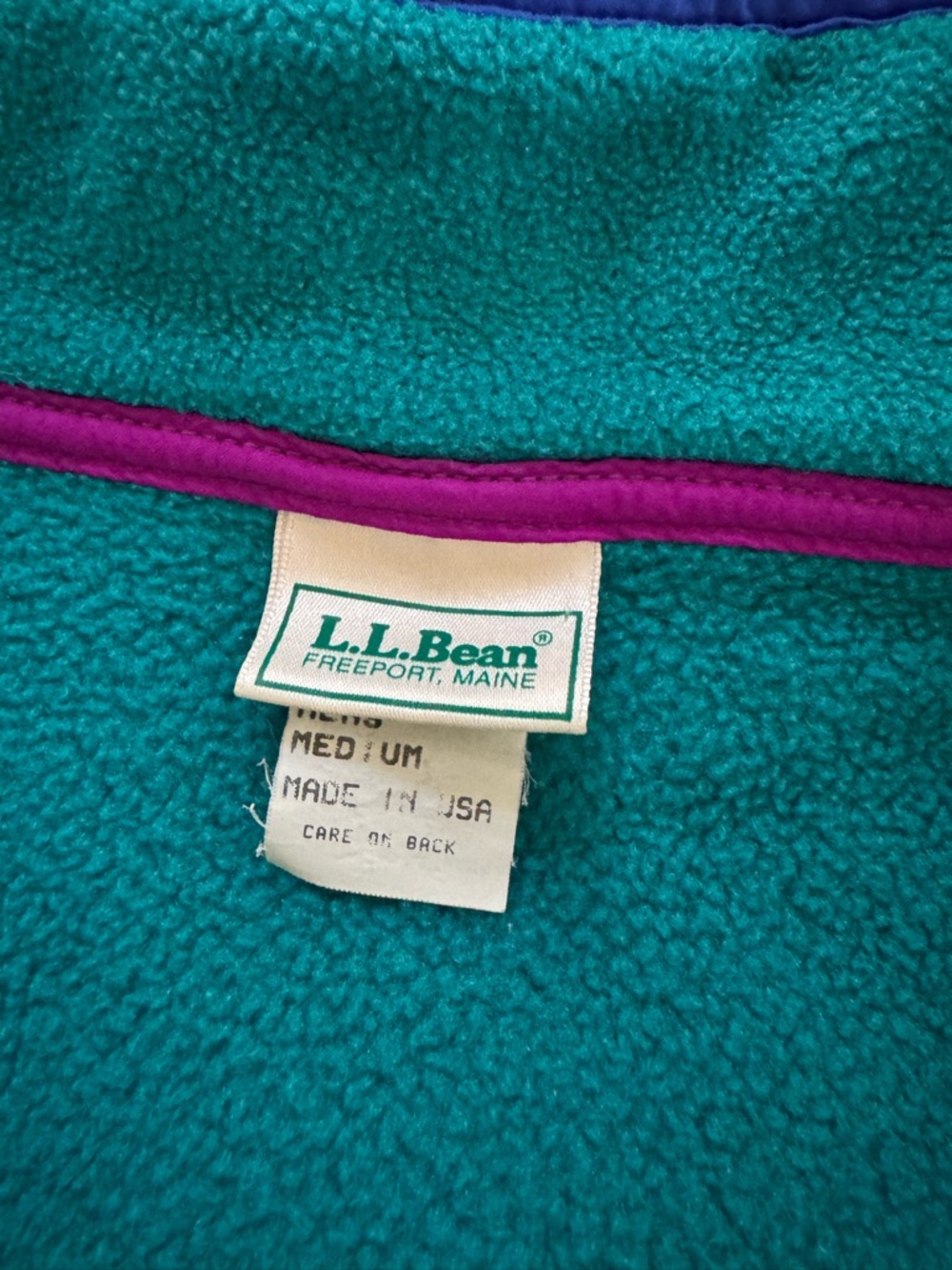 Vintage L.L. Bean Teal snap Fleece Pullover Jacket with Purple Trim USA MEDIUM - Picture 2 of 7
